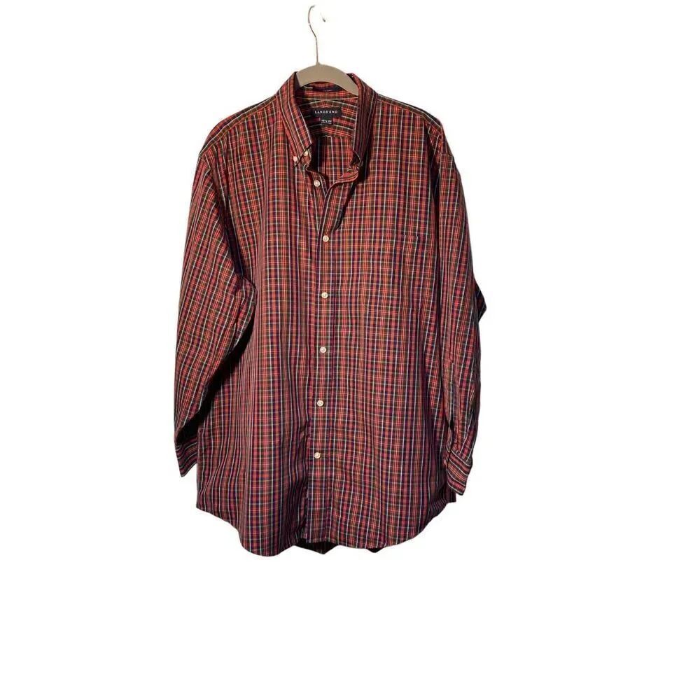 Lands’ End men’s red plaid button down shirt holiday Christmas 16 1/2 x 32